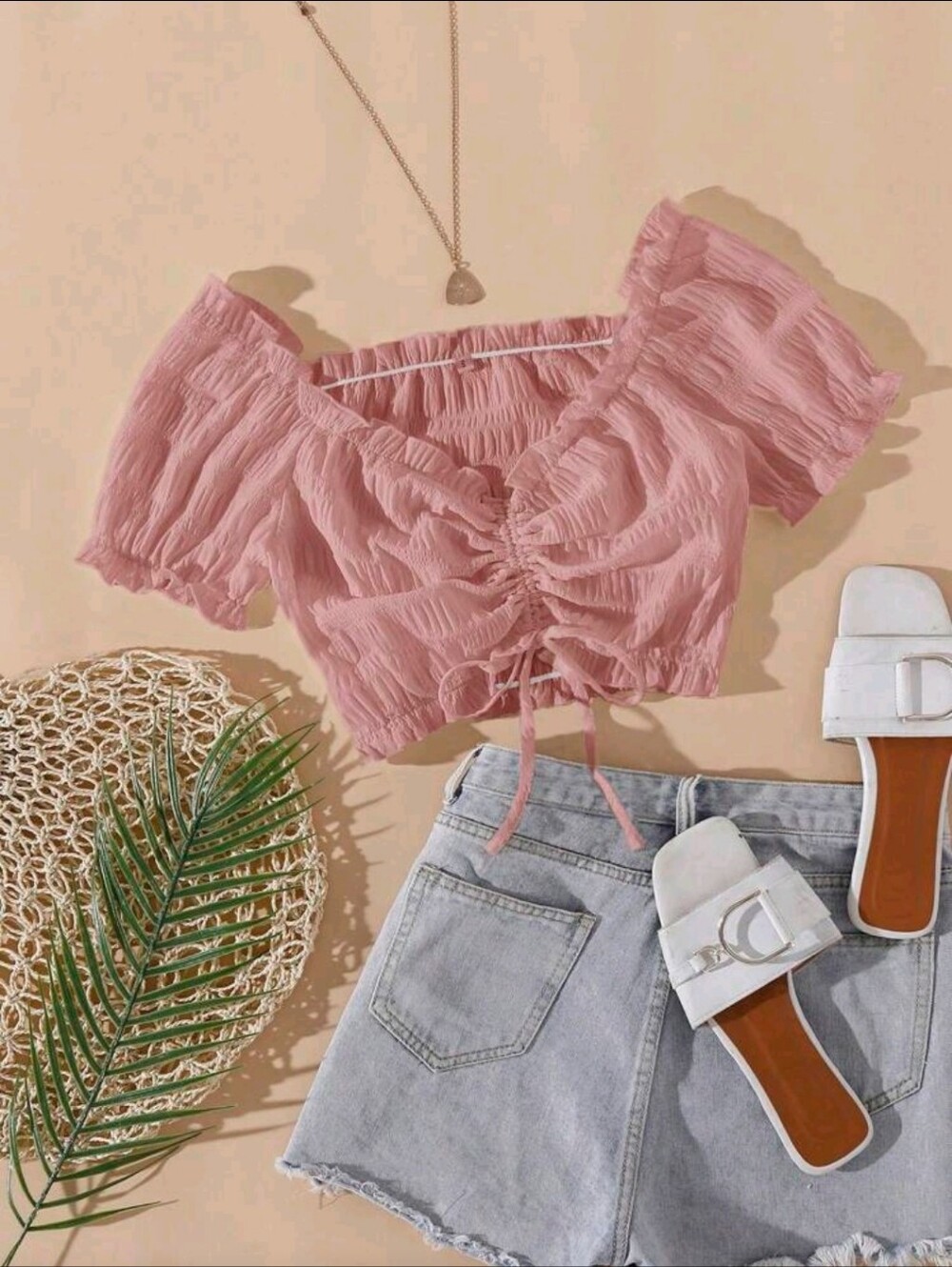 SHEIN SunnyBelle Drawstring Front Frill Trim Crop Blouse